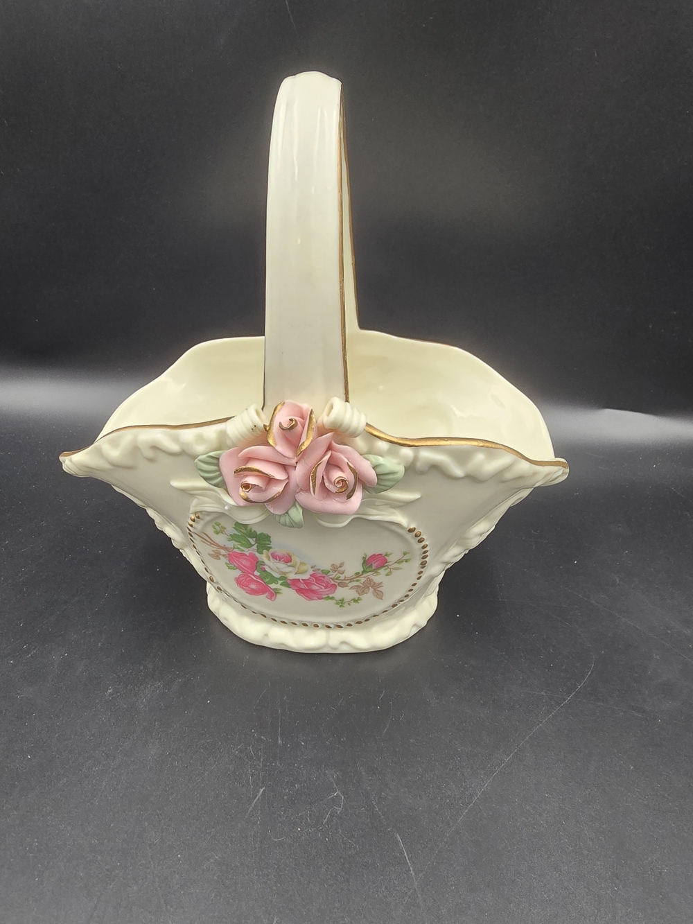 Cream Porcelain Decorative Basket with Pink Rose Accents